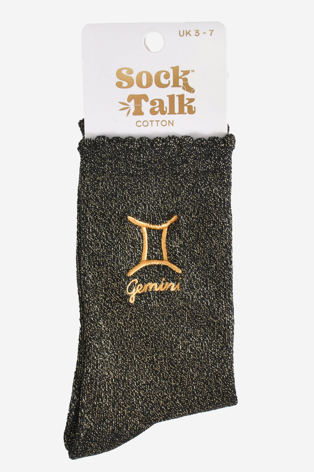 gold and black glitter gemini socks in their sock talk packaging, these socks are a uk size 3-7