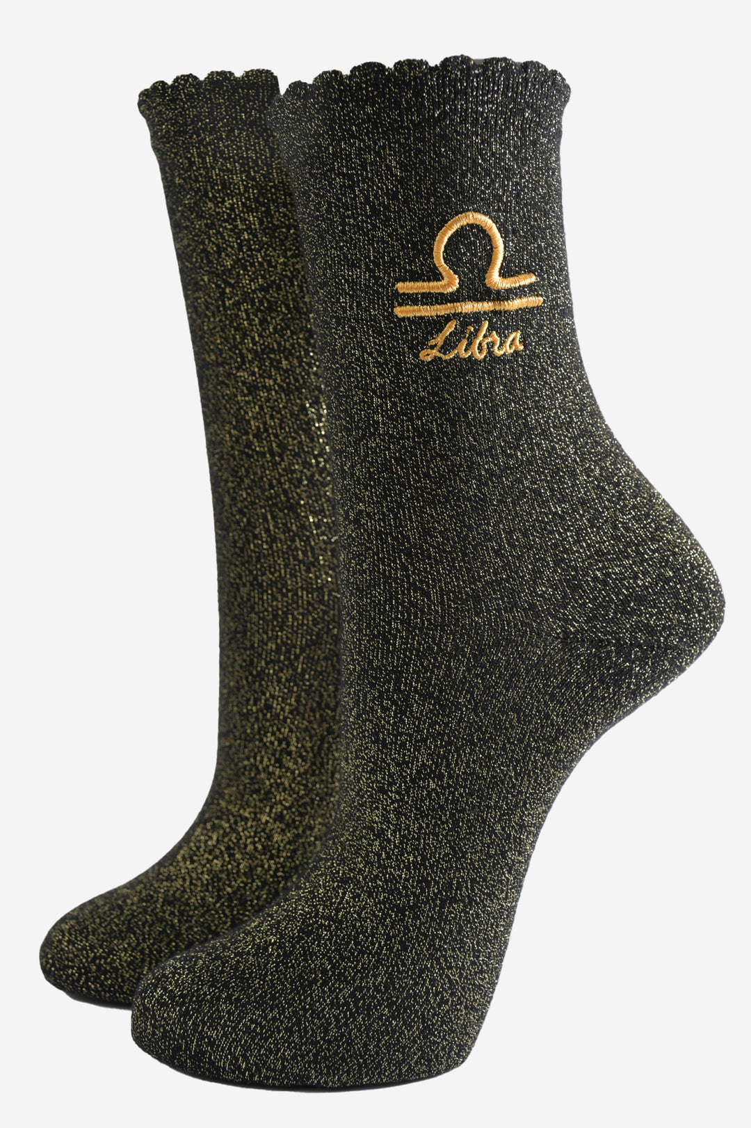 black and gold sparkly ankle socks with a scalloped cuff and an gold embroidered libra zodiac symbol and name