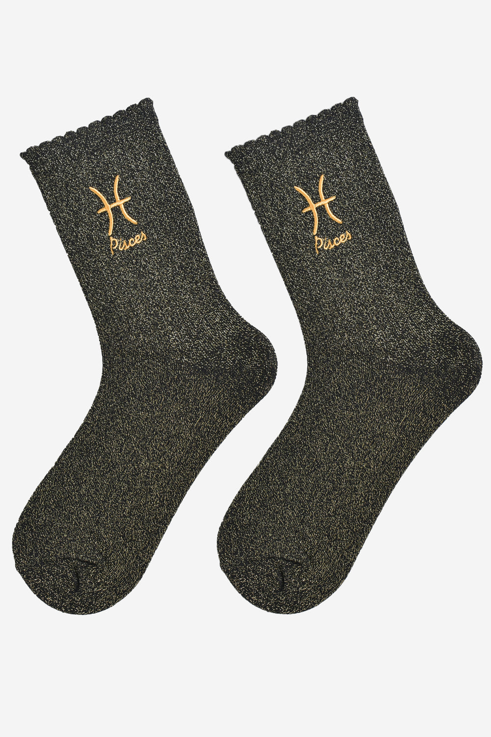 black and gold glitter embroidered pisces socks laying flat, showing the all over gold glitter sparkle