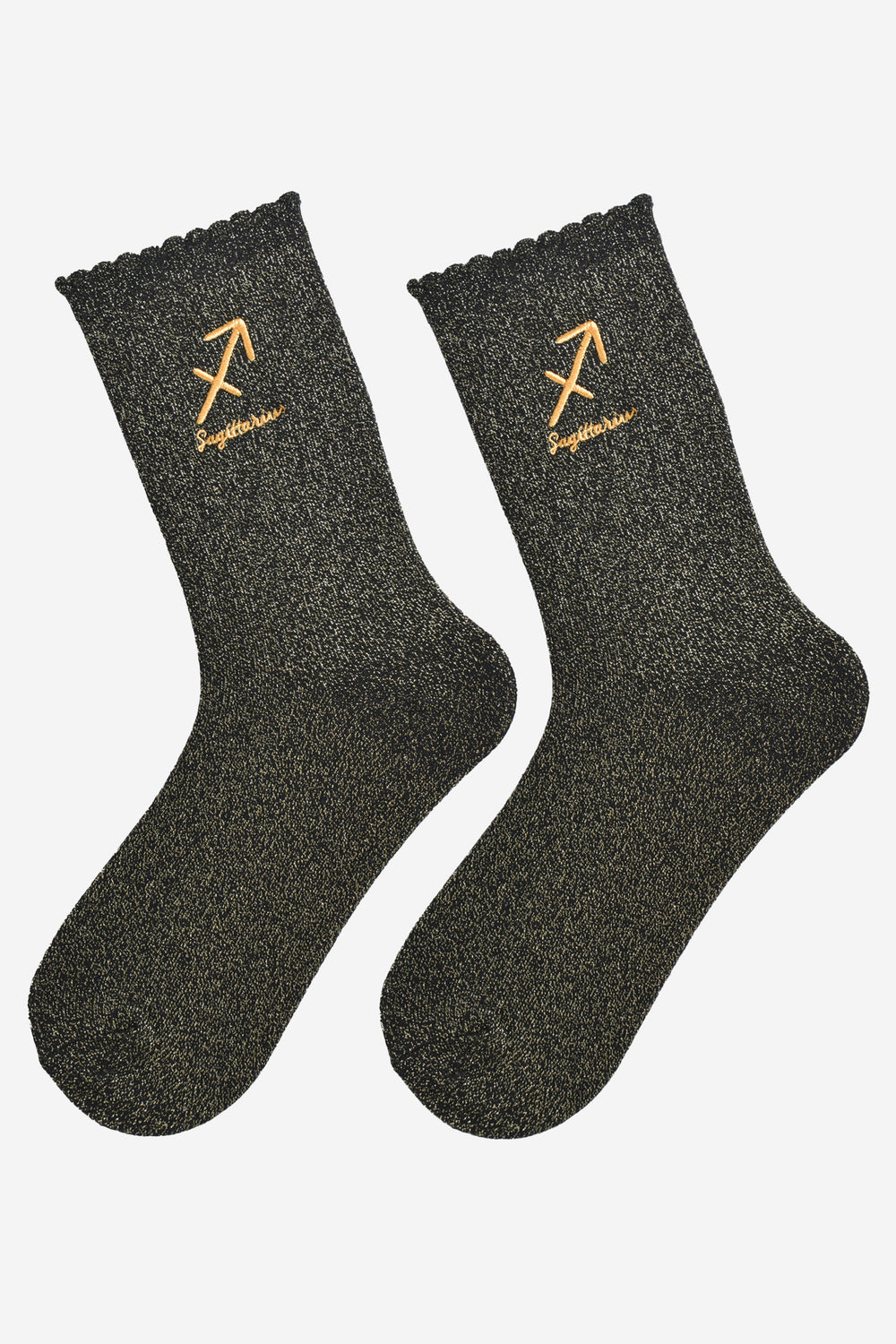 black and gold glitter embroidered sagittarius socks laying flat, showing the all over gold glitter sparkle