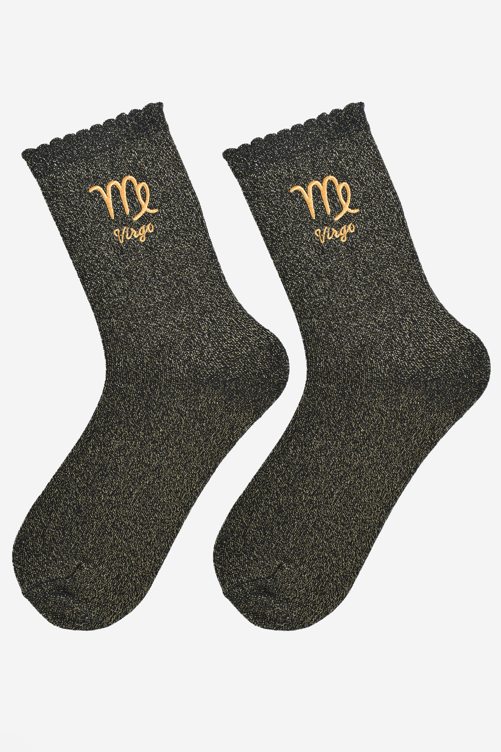 black and gold glitter embroidered virgo socks laying flat, showing the all over gold glitter sparkle