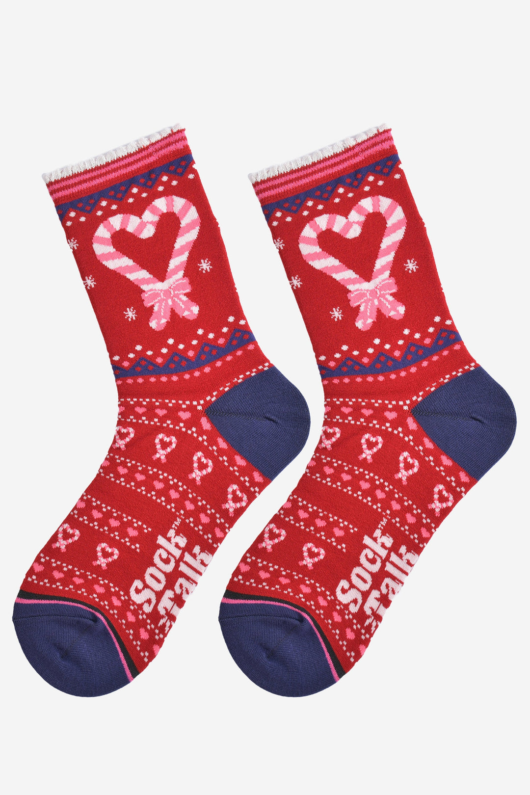 Women's Bamboo Ankle Socks Christmas Cracker Gift Box - Red/Navy Blue, Candy Cane Hearts