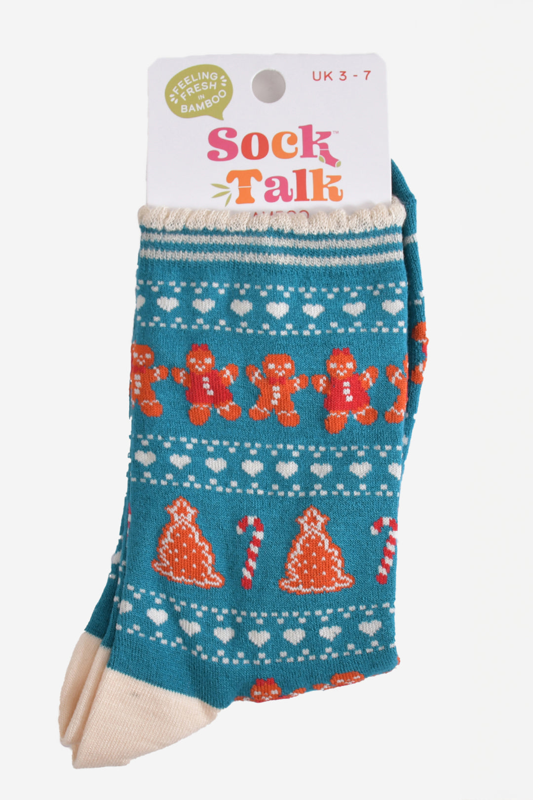 teal blue fair isle gingerbread cookie bamboo socks in their sock talk packaging, these socks are a uk size 3-7