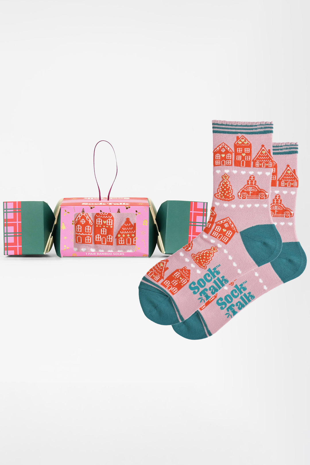 Gingerbread-Cookie-Bamboo-Crew-Socks-Christmas-Cracker-Gift-Box-in-Pink