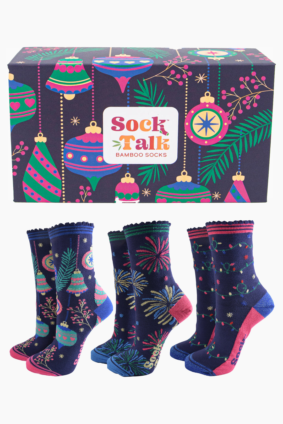 three pairs of bamboo socks with glitter accents in navy blue, one with colourful fireworks, one with colourful party lights and one with colourful christmas baubles. all three go in an artistically designed fesive bauble sock box