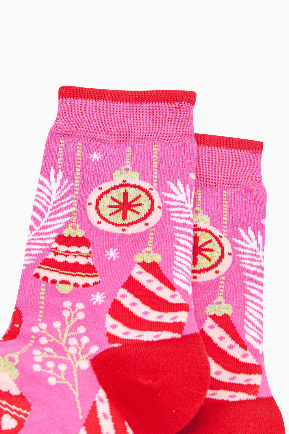 Christmas-Baubles-Women's-Bamboo-Socks-in-Hot-Pink-Close-Up