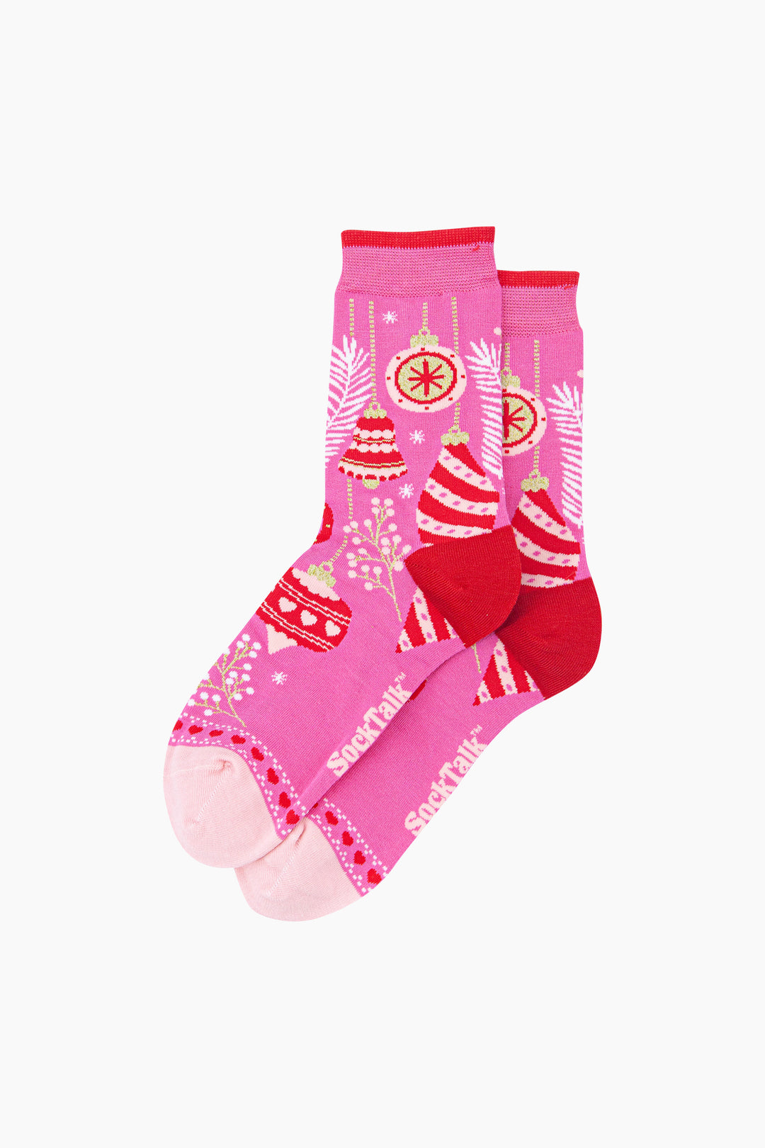 Christmas-Baubles-Women's-Bamboo-Socks-in-Hot-Pink-Laid-Flat