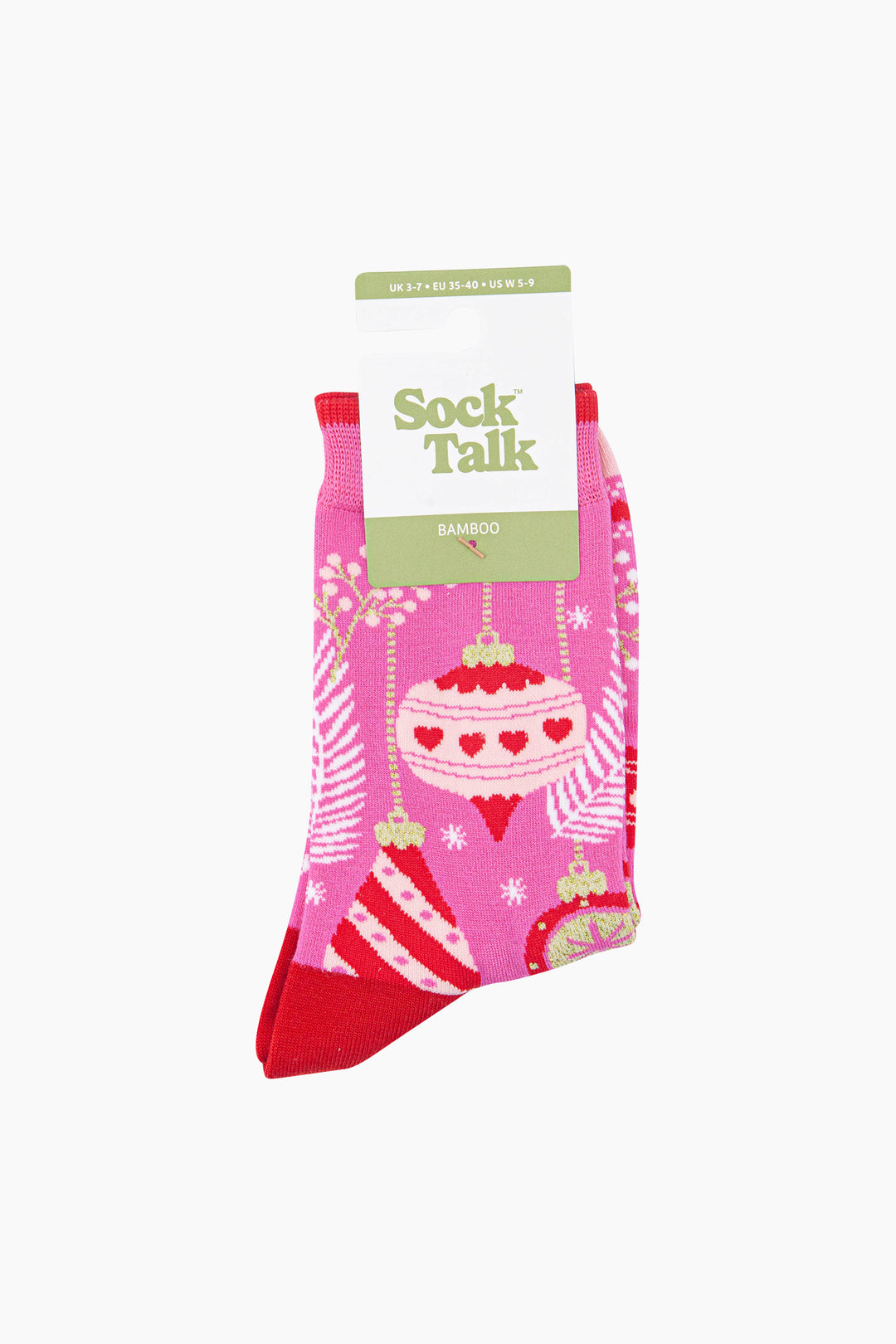 Christmas-Baubles-Women's-Bamboo-Socks-in-Hot-Pink-In-Packaging