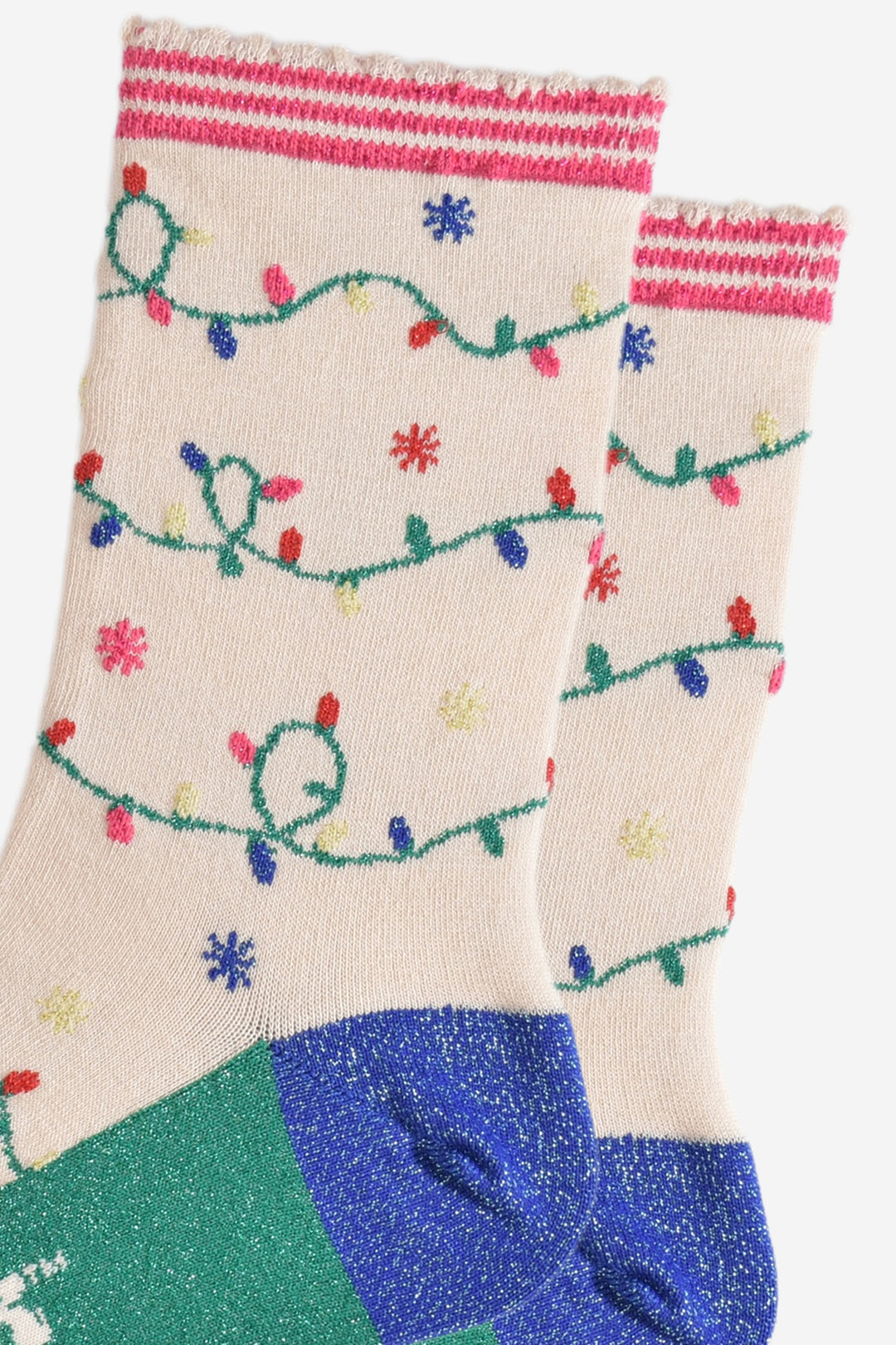 close up of the multicoloured party light design on the socks, the lights are attached to a green string and wrap around the socks, the socks have sparkly glitter accents