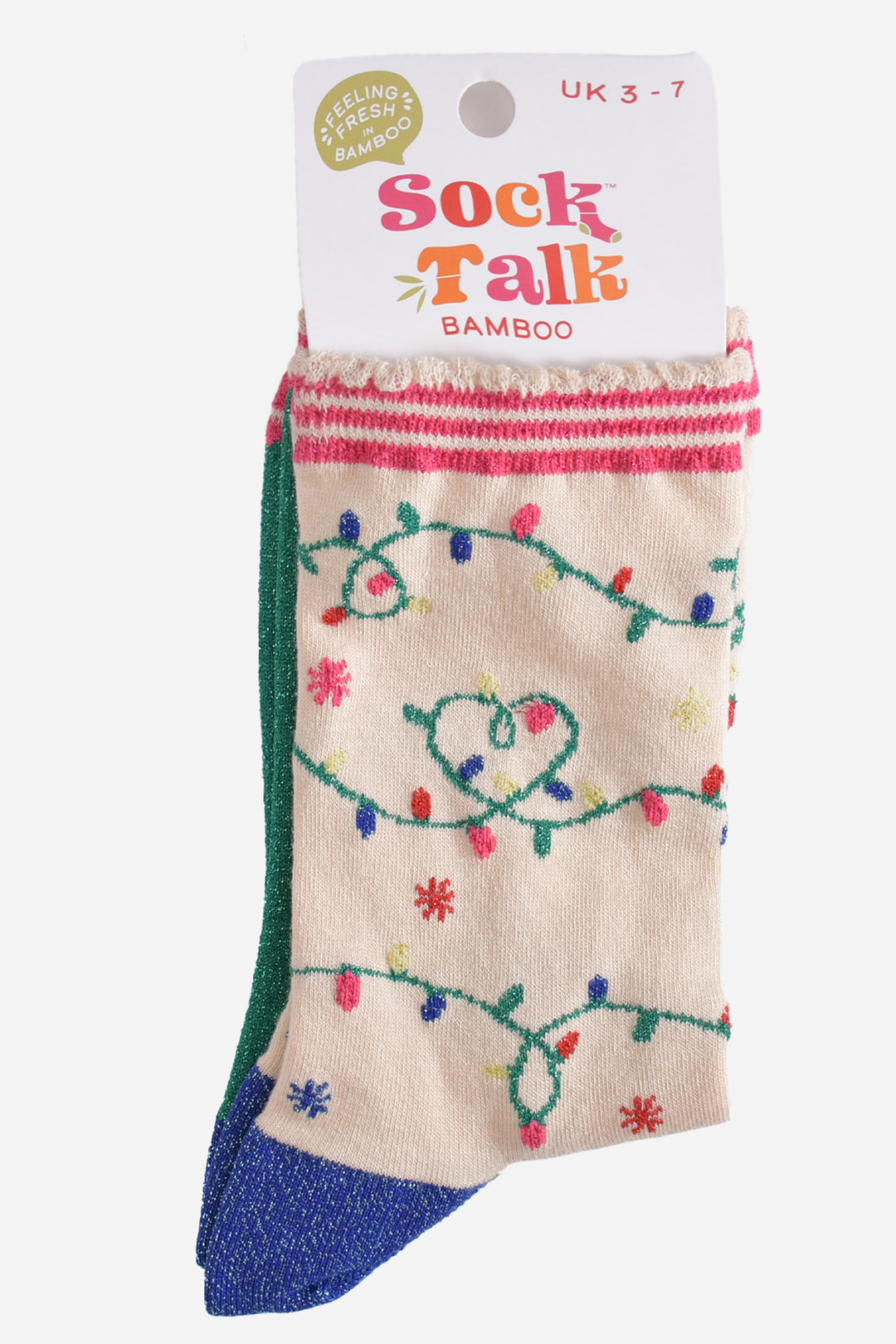 festive party lights bamboo socks in their sock talk packaging, these socks are a uk size 3-7