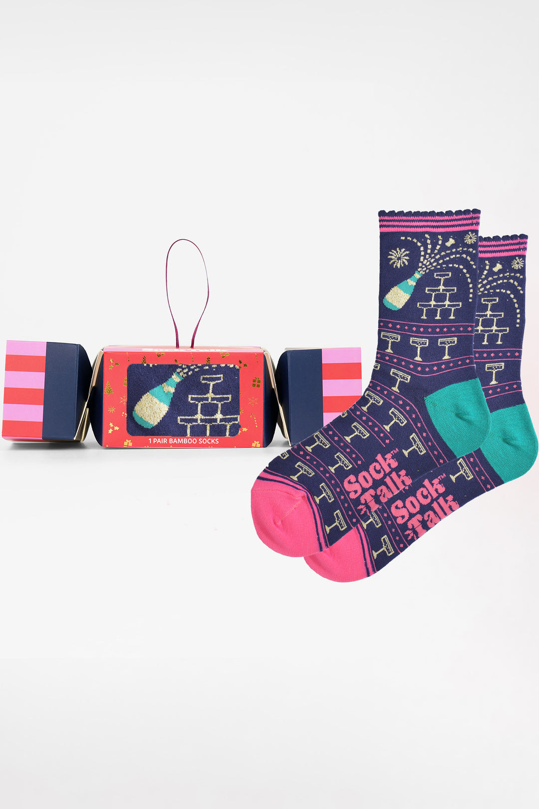 Prosecco-Popping-Bamboo-Crew-Socks-Christmas-Cracker-Gift-Box-in-NavyBlue/Pink