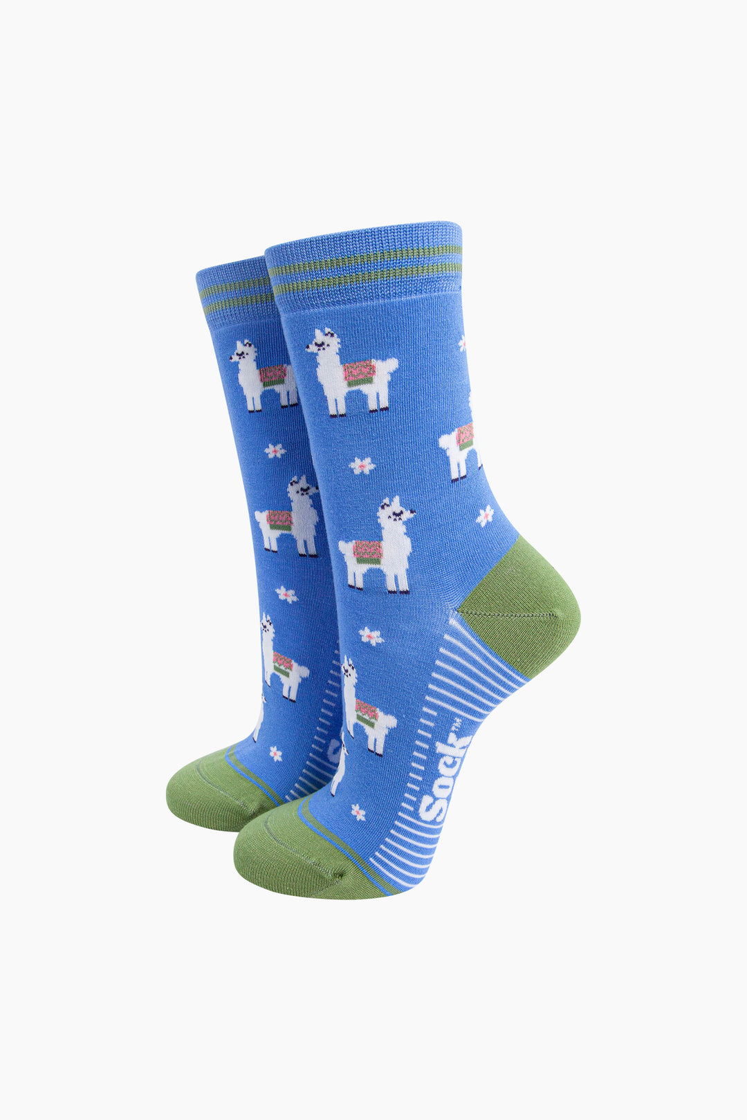 Llama-Floral-Bamboo-Socks-in-Blue-On-Mannequin