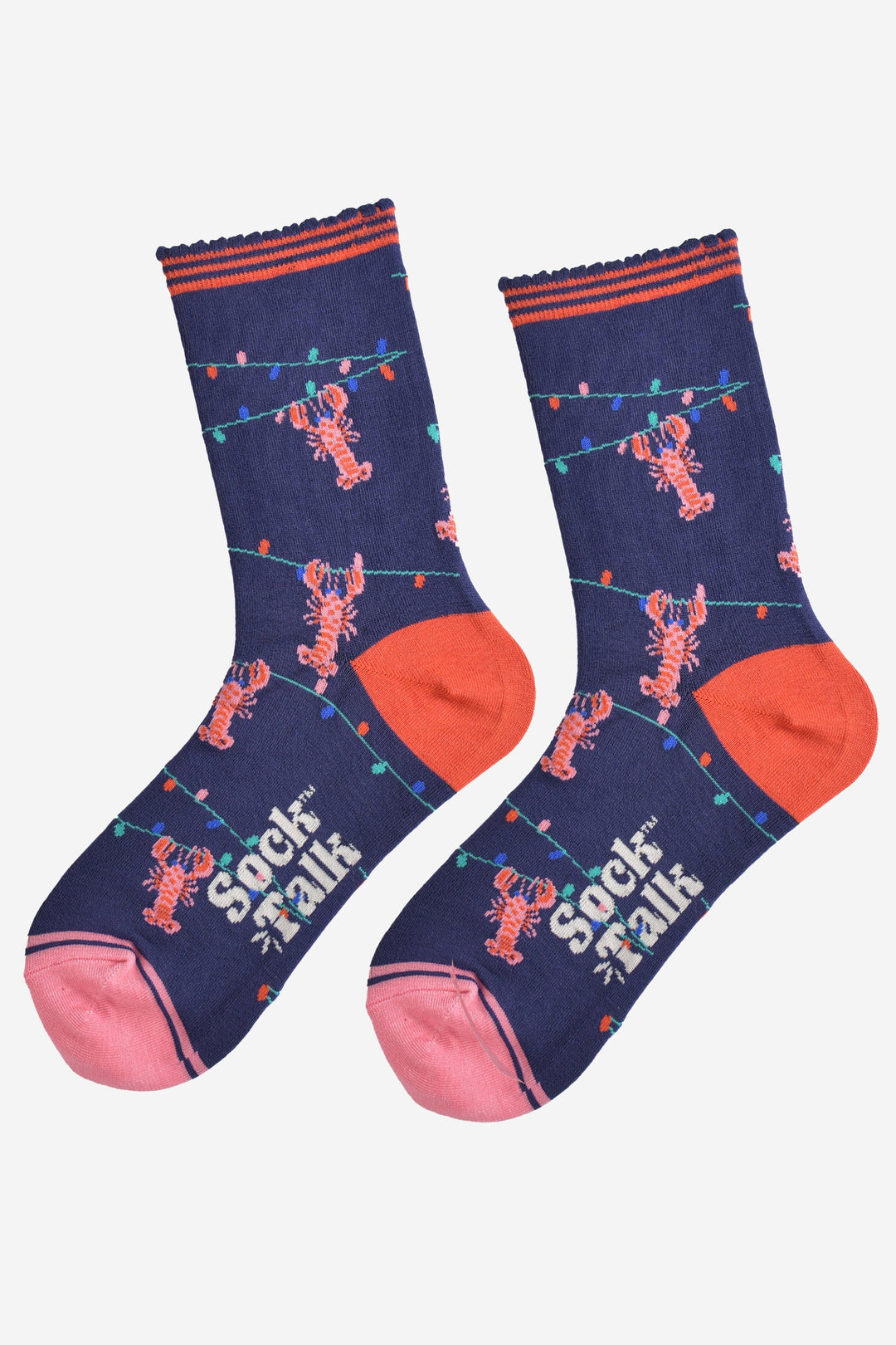 Women's Bamboo Ankle Socks Christmas Cracker Gift Box - Navy Blue/Orange, Lobster Party Lights