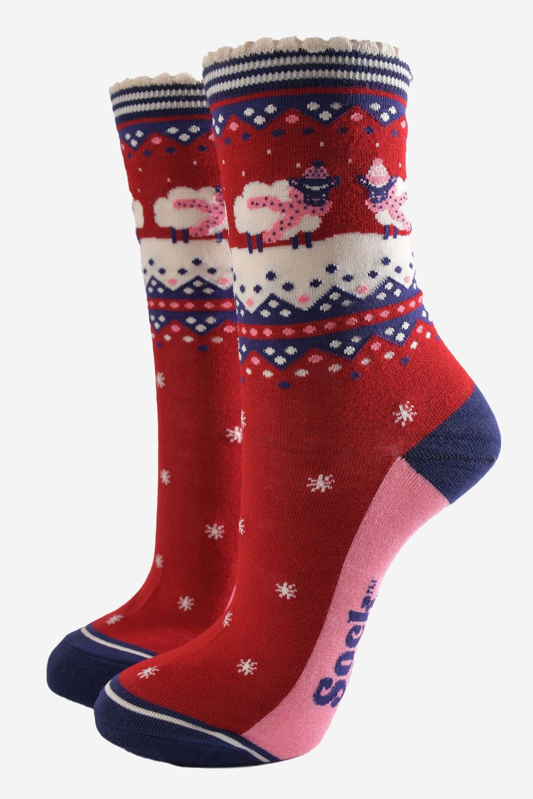 red, white and navy blue ankle socks with sheep wearing cosy winter scarves and hats