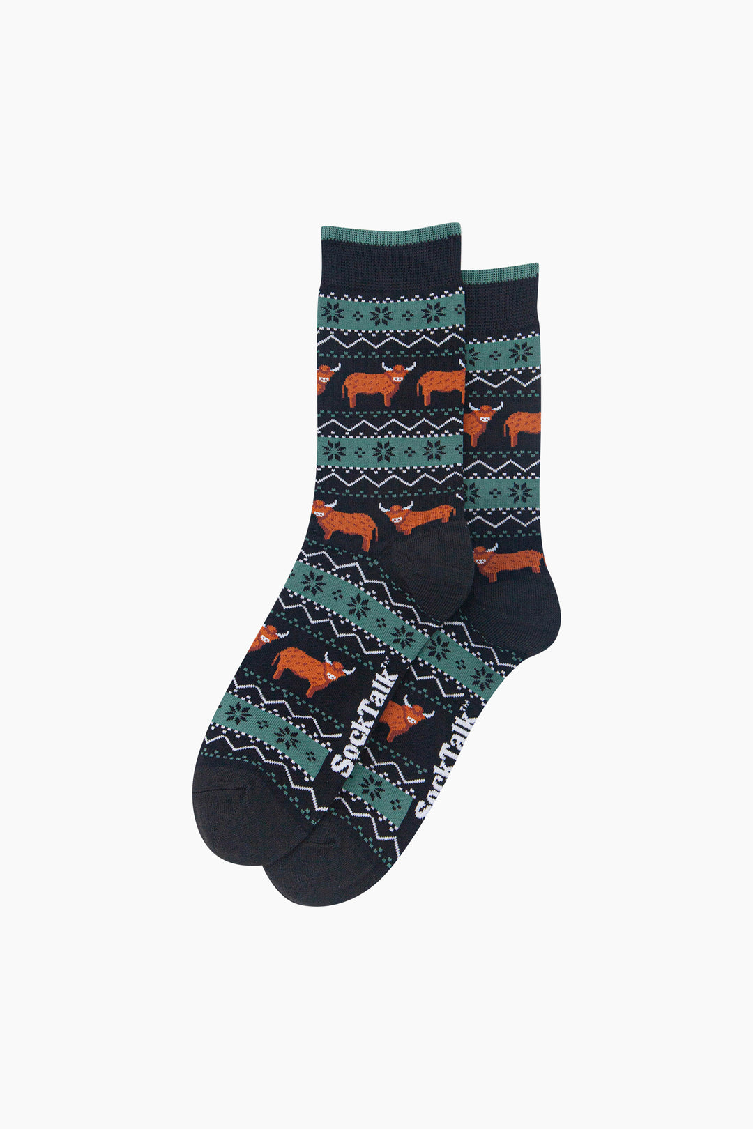 Highland-Cow-Fair-Isle-Men's-Bamboo-Socks-in-Black/Green-Laid-Flat