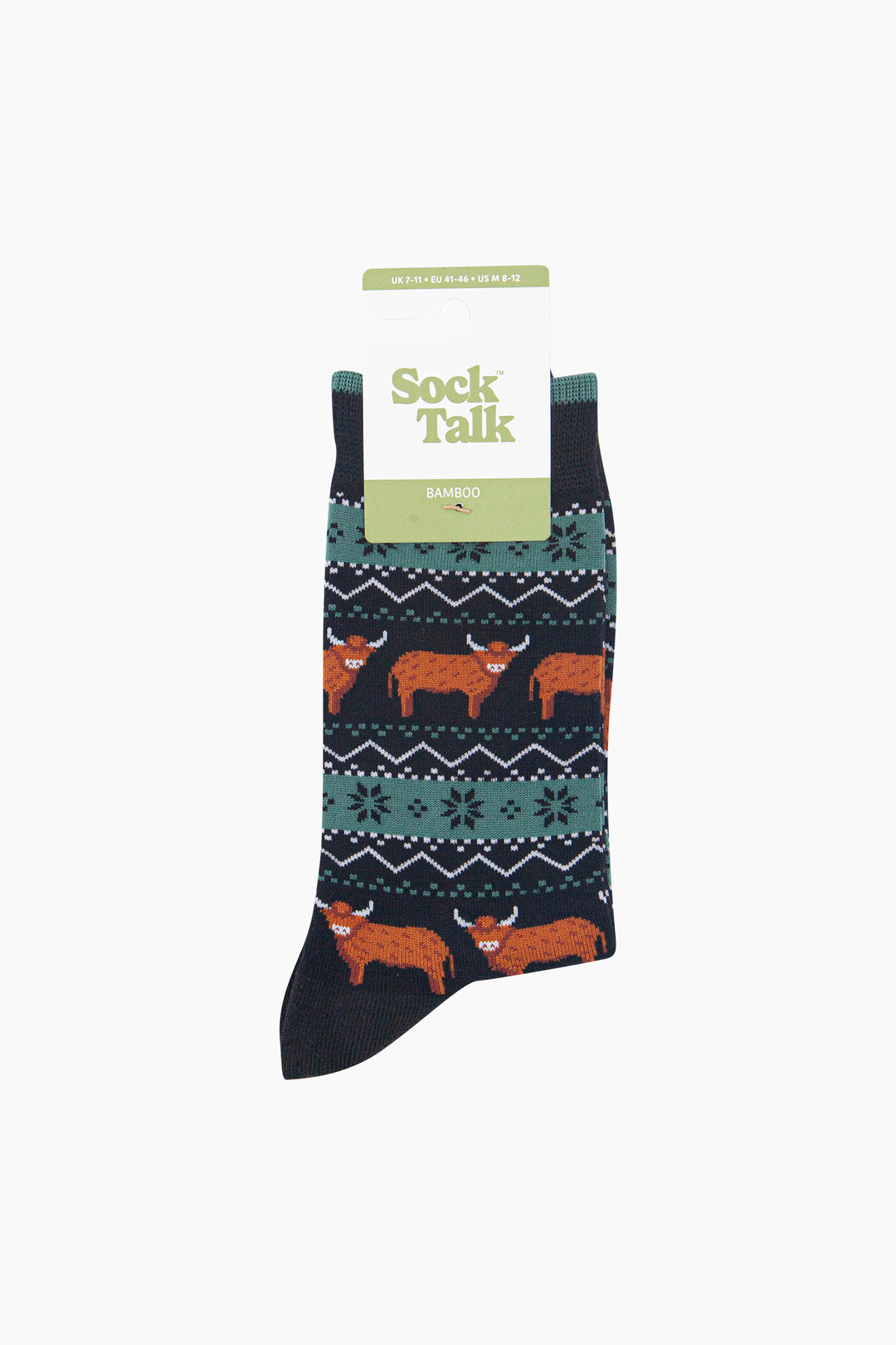 Highland-Cow-Fair-Isle-Men's-Bamboo-Socks-in-Black/Green-In-Packaging