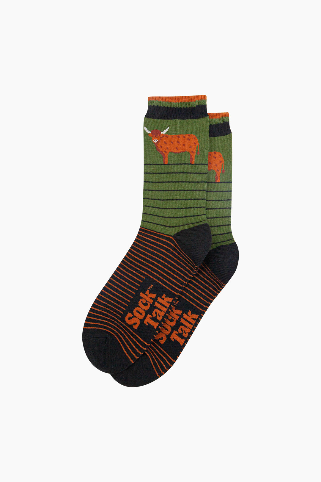 Highland-Cow-Striped-Bamboo-Socks-in-Green-Lying-Flat