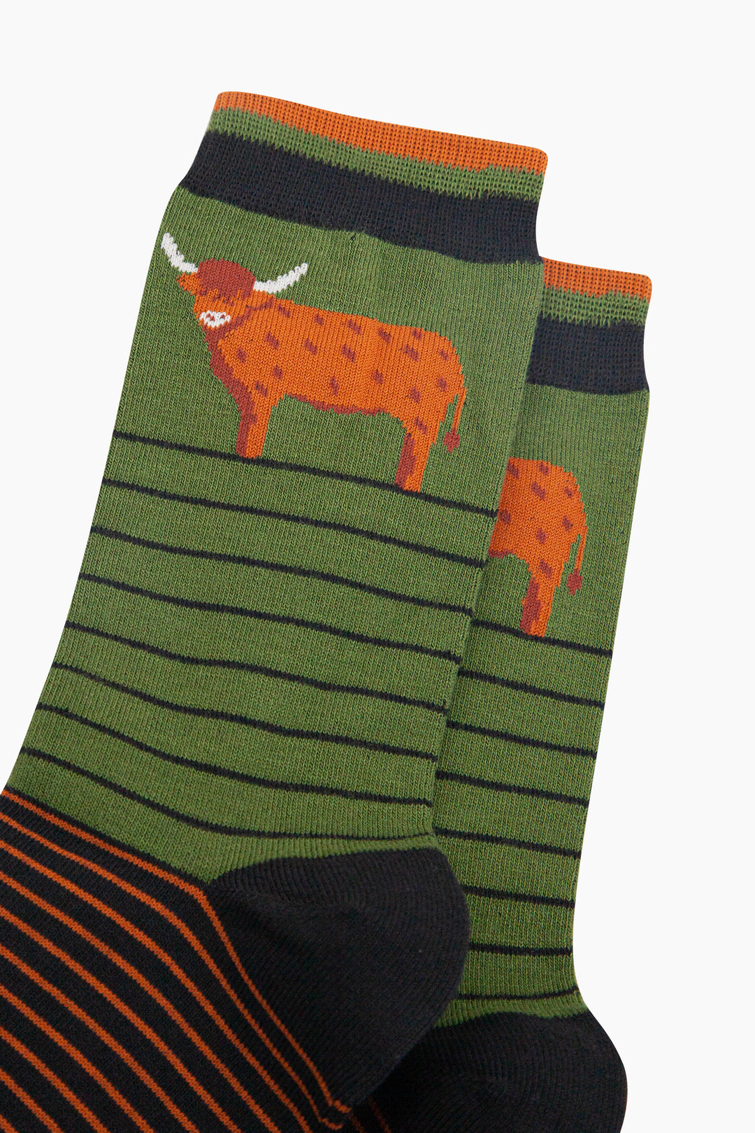 Highland-Cow-Striped-Bamboo-Socks-in-Green-Closeup