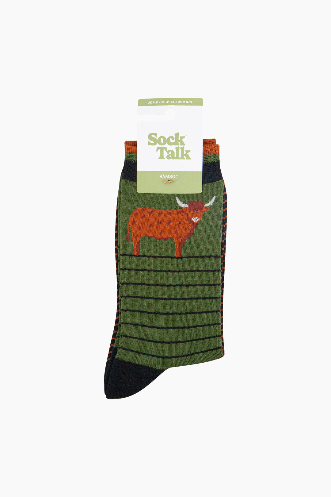 Highland-Cow-Striped-Bamboo-Socks-in-Green-In-Packaging