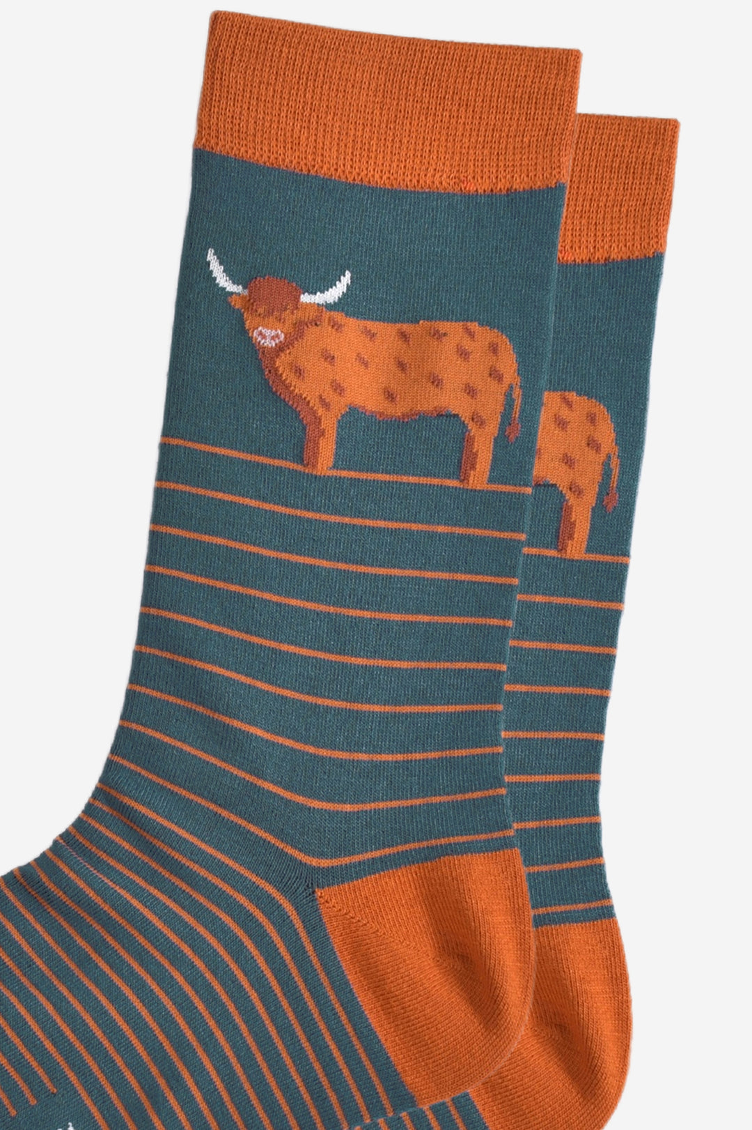 close up of the highland cow on the ankle of the socks, it is designed to like it has a long hairy coat