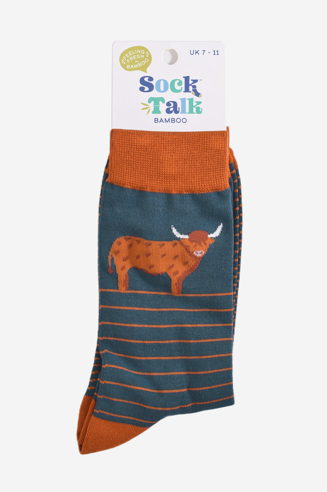 teal and orange striped highland cow bamboo socks in their sock talk packaging, the socks are a uk size 7-11