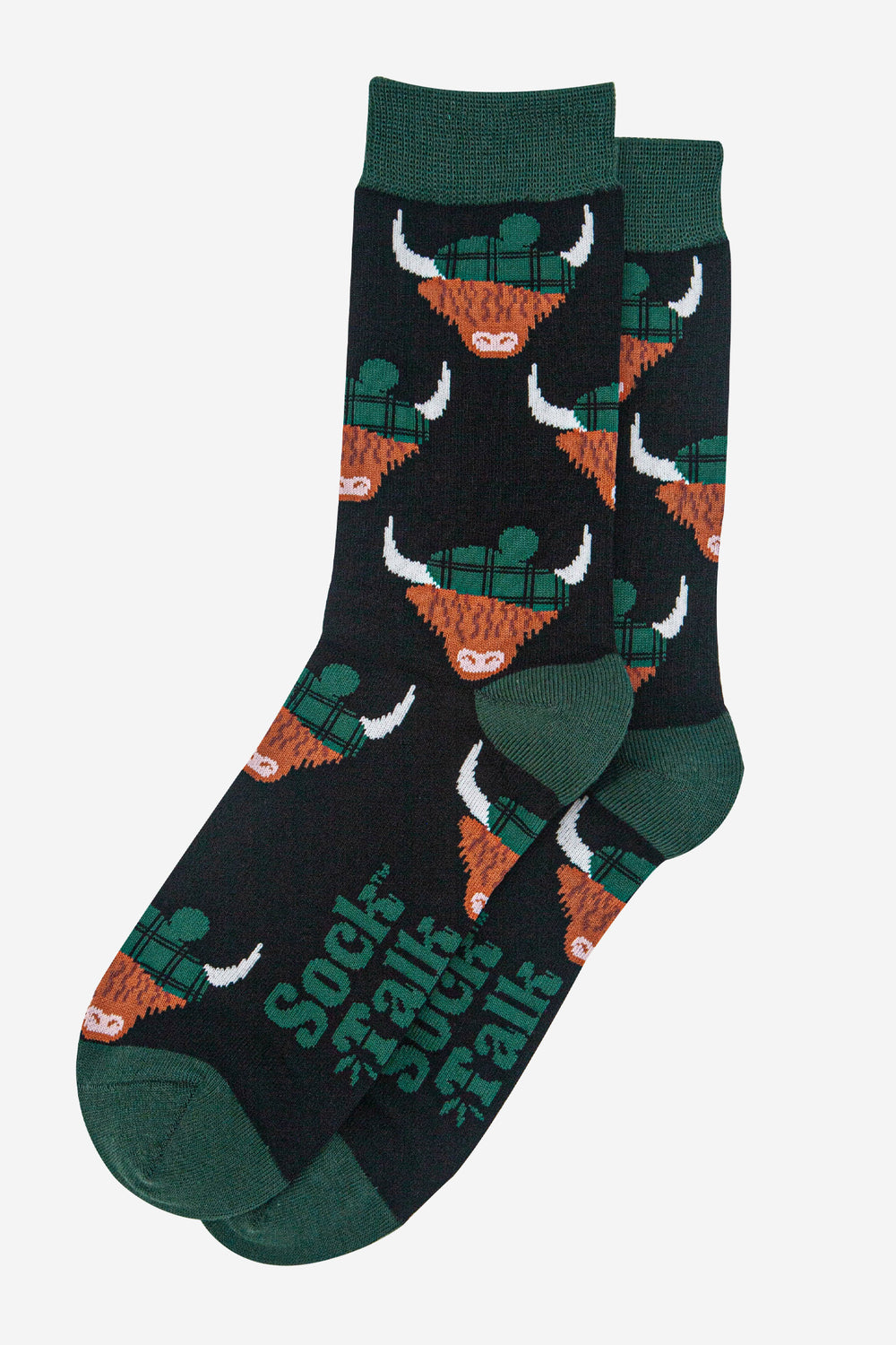 mens-bamboo-socks-black-forest-green-highland-cow-laying-flat