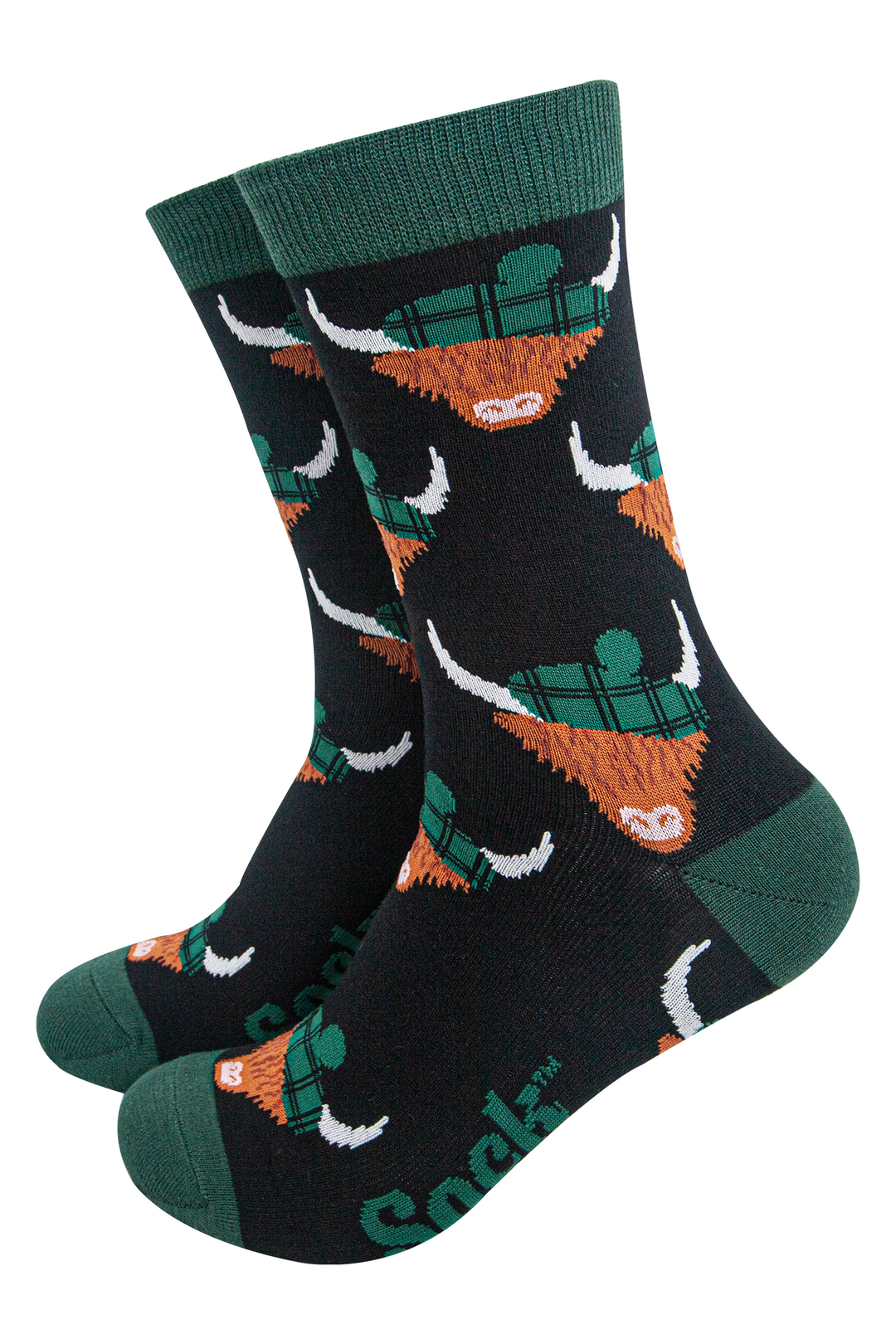 mens-bamboo-socks-black-forest-green-highland-cow-tartan-hats