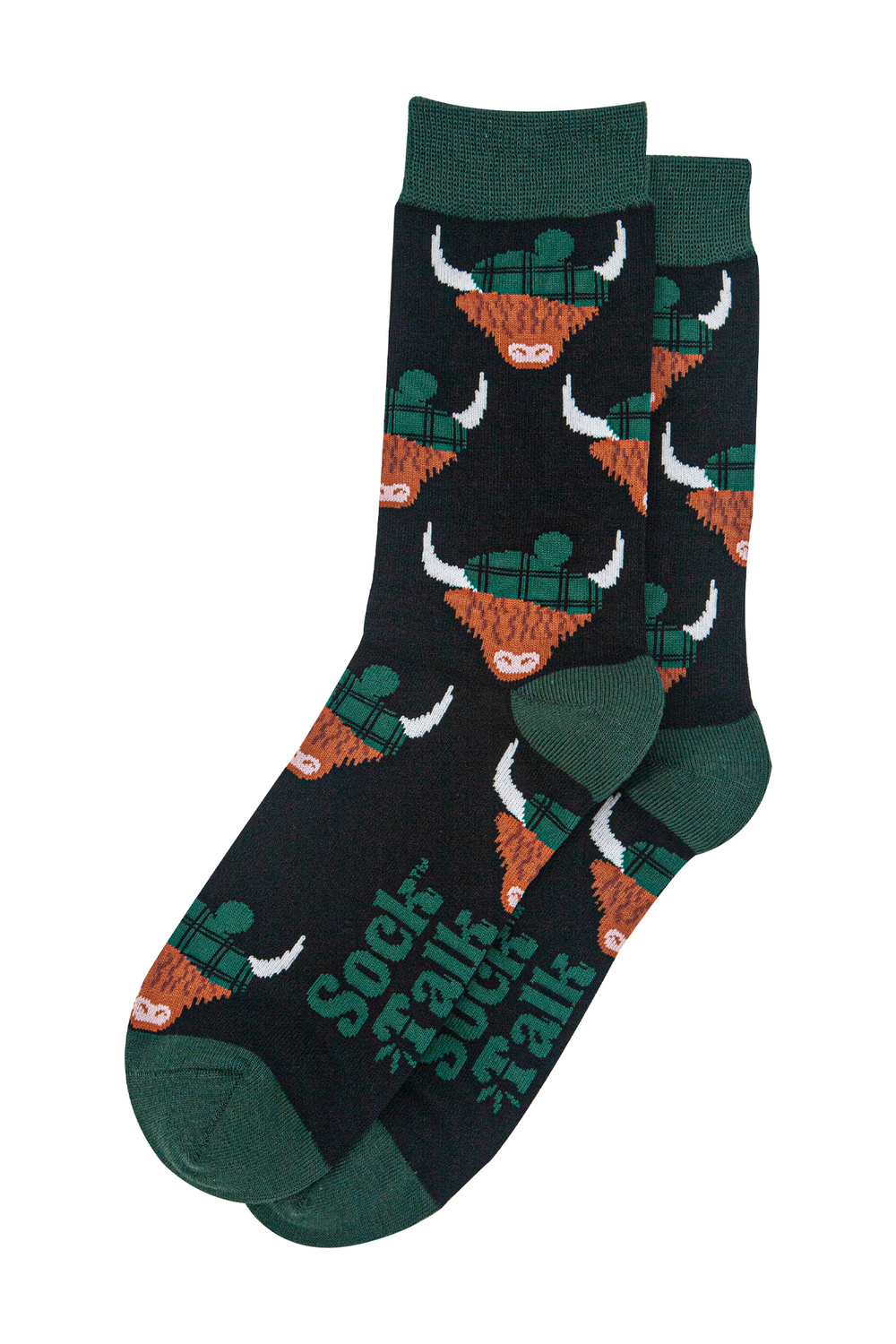 mens-bamboo-socks-black-forest-green-highland-cow-laying-flat