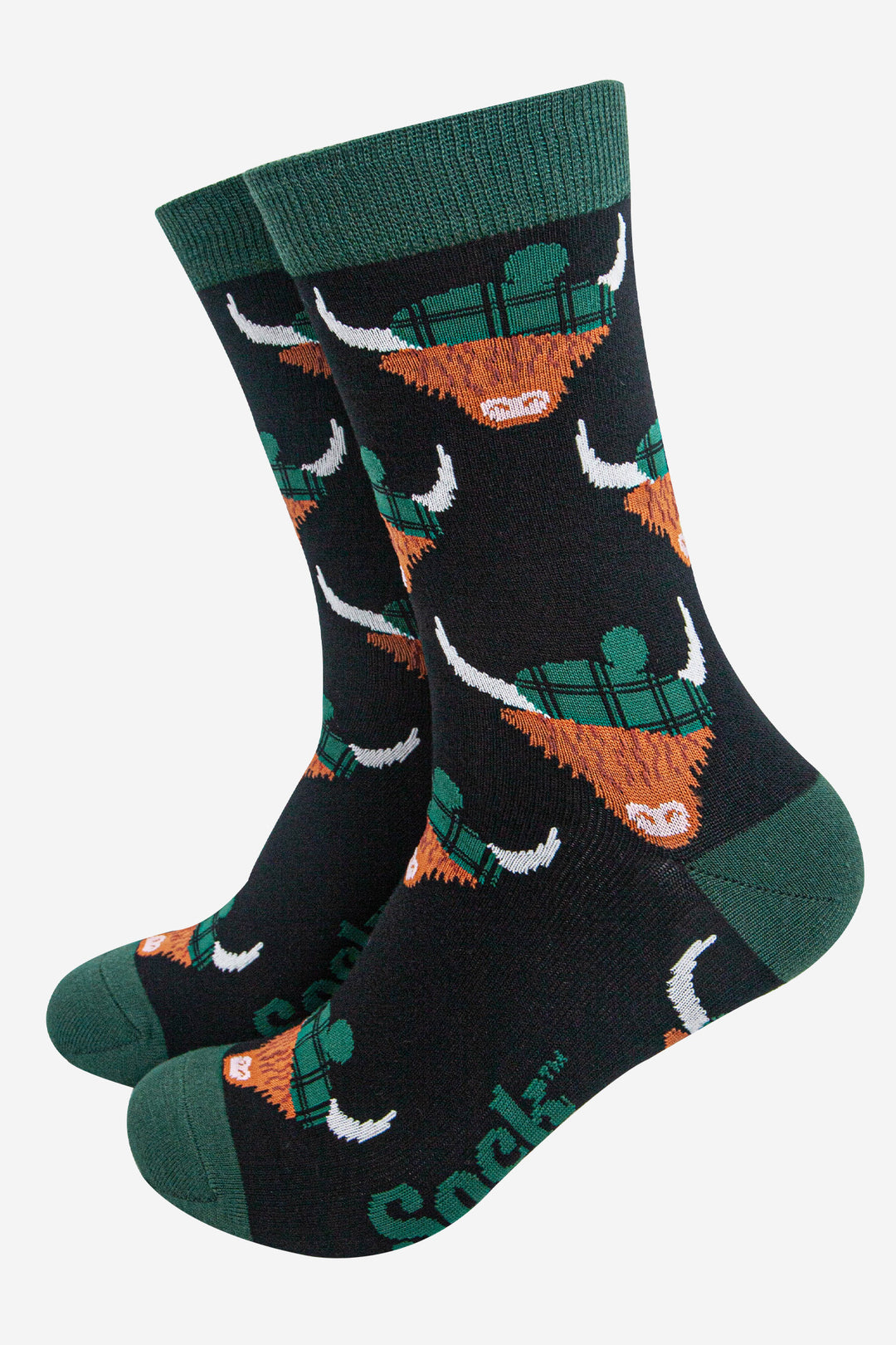 mens-bamboo-socks-black-forest-green-highland-cow-tartan-hats