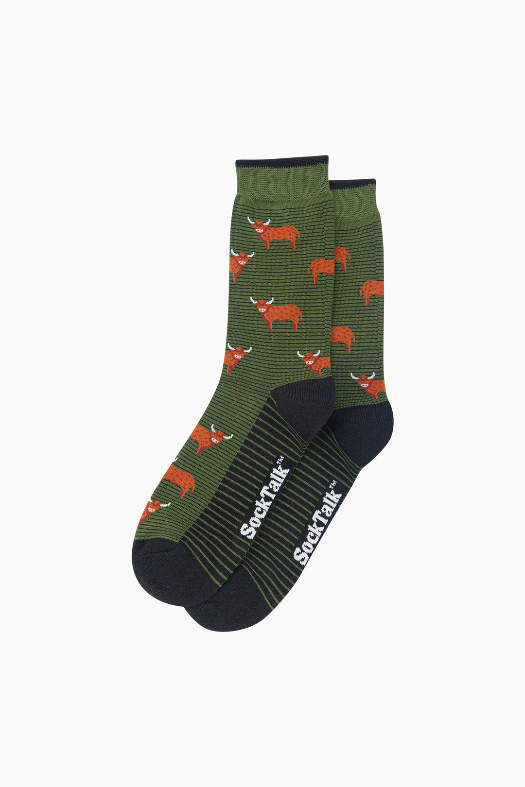 Highland-Cow-Men's-Bamboo-Socks-in-Khaki-Green-Laid-Flat