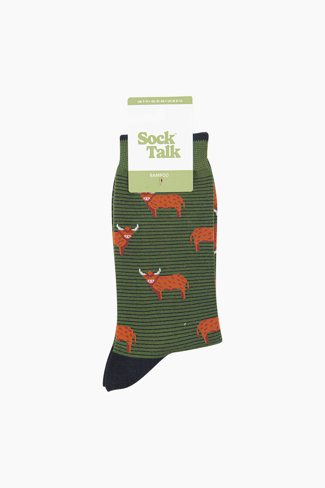 Highland-Cow-Men's-Bamboo-Socks-in-Khaki-Green-In-Packaging