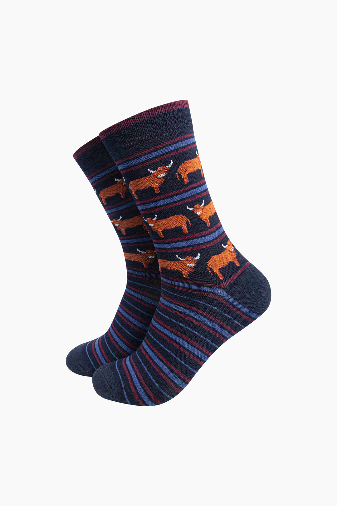 Highland Cow Stripe Men's Bamboo Socks in Navy Blue