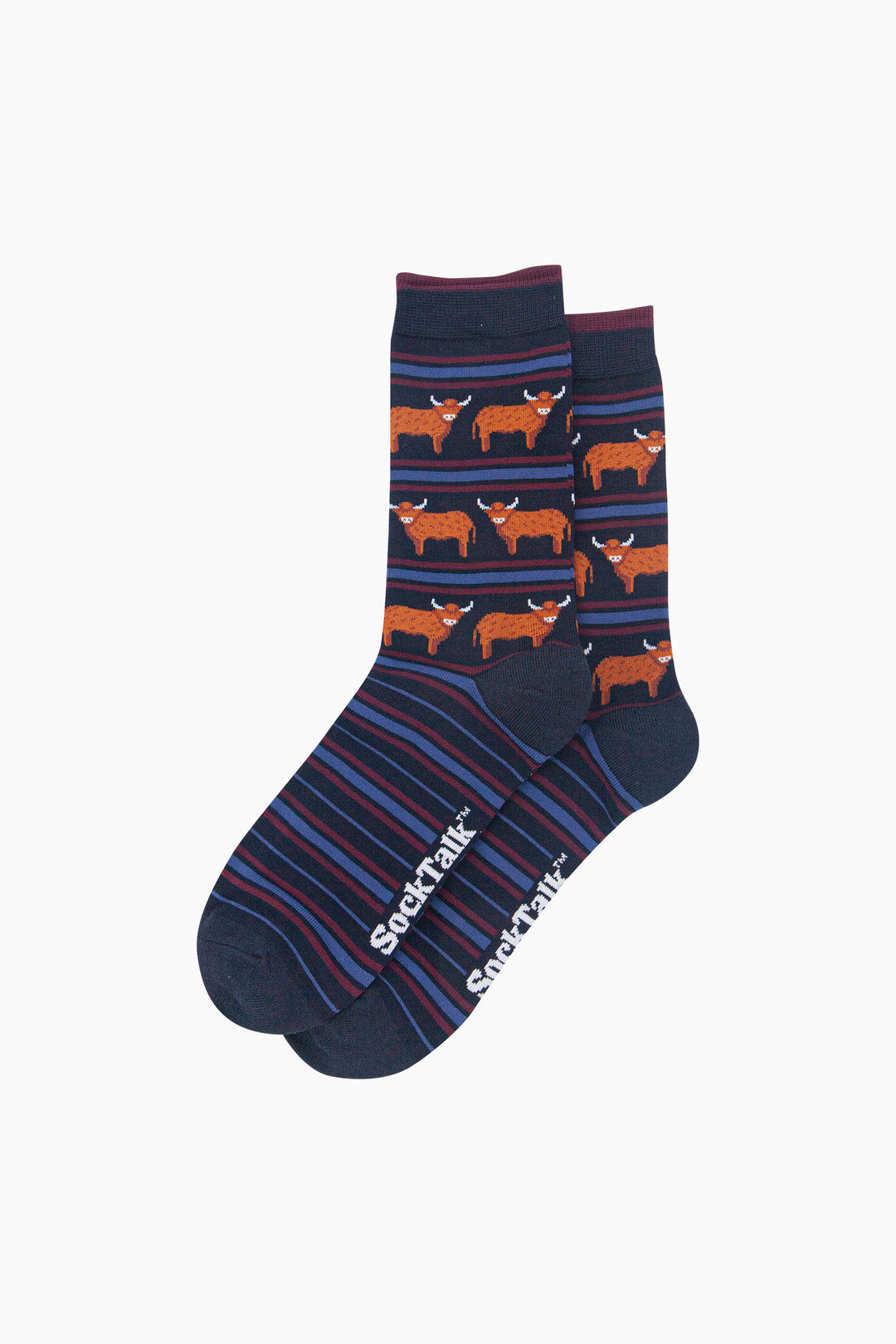 Highland-Cow-Stripe-Men's-Bamboo-Socks-in-Navy-Blue-Laid-Flat