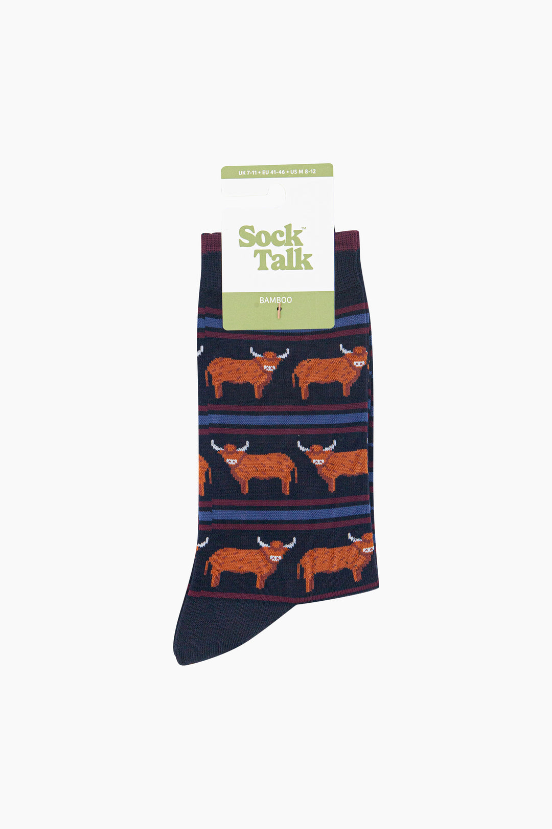 Highland-Cow-Stripe-Men's-Bamboo-Socks-in-Navy-Blue-In-Packaging