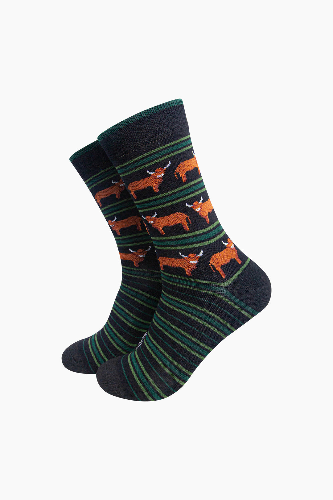 Highland-Cow-Stripe-Men's-Bamboo-Socks-in-Black/Green-On-Mannequin