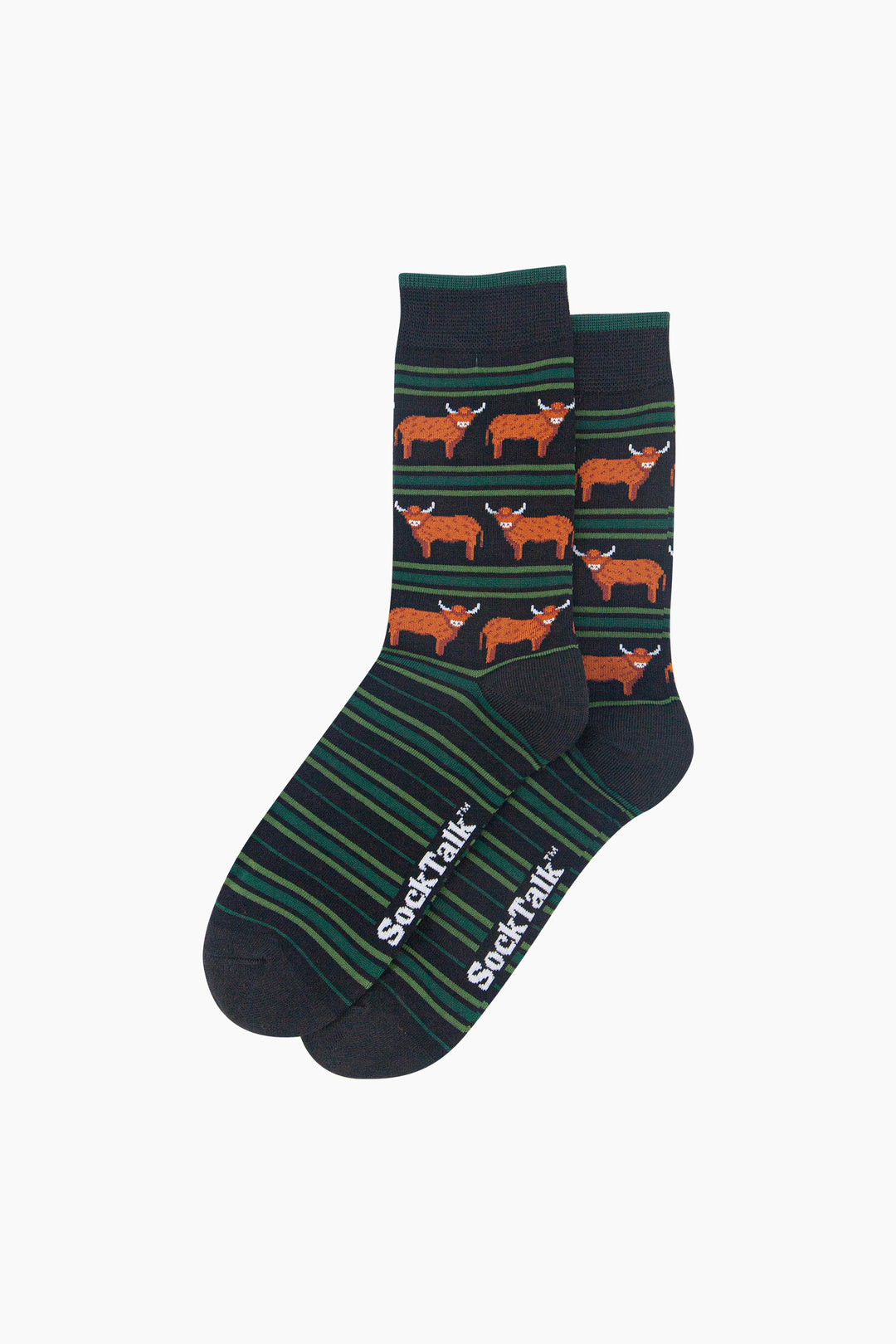 Highland-Cow-Stripe-Men's-Bamboo-Socks-in-Black/Green-Laid-Flat
