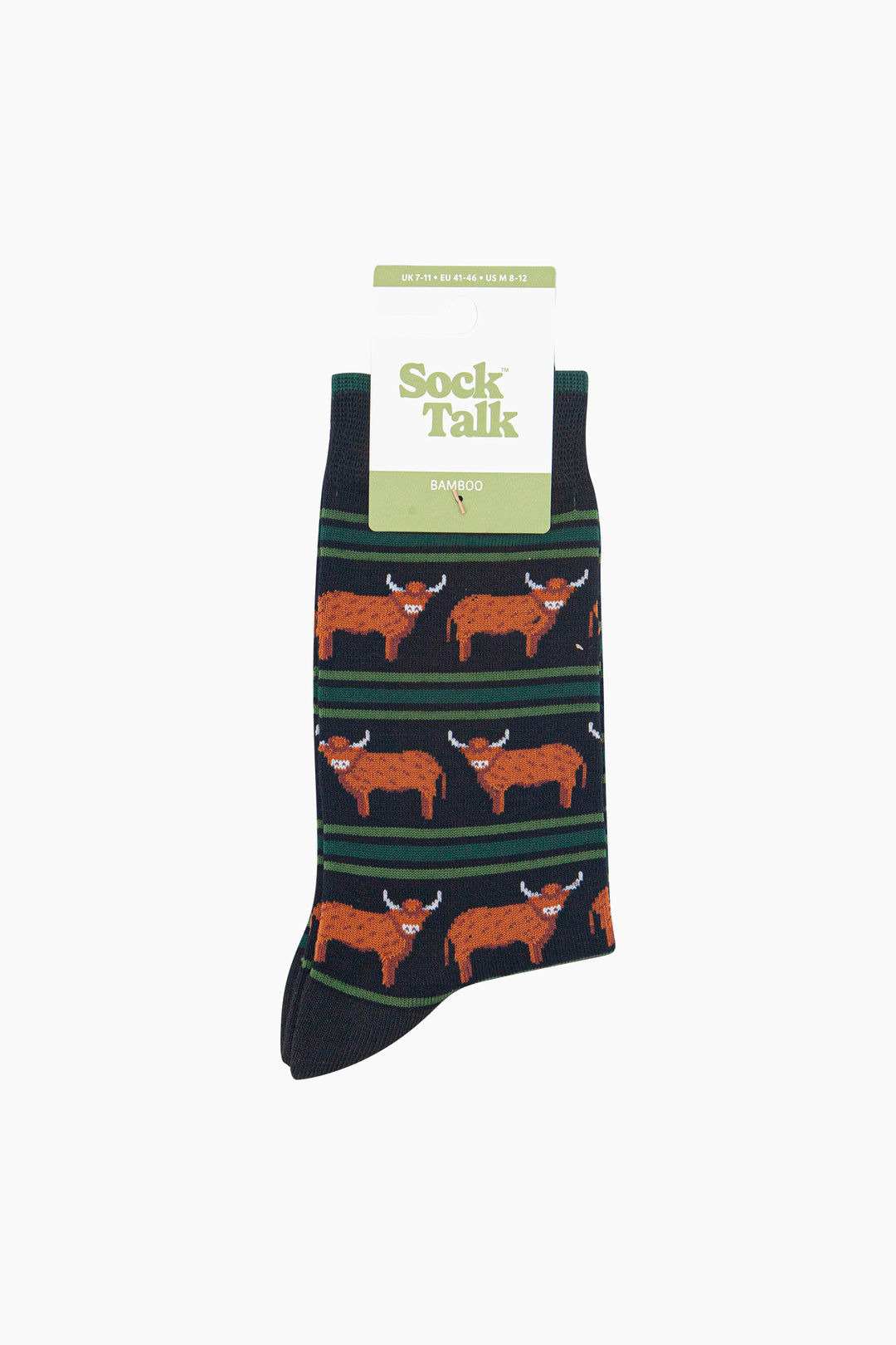 Highland-Cow-Stripe-Men's-Bamboo-Socks-in-Black/Green-In-Packaging