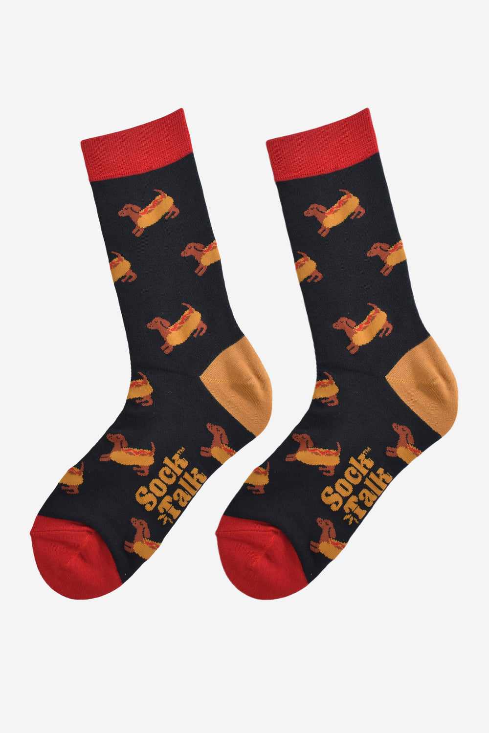 black hotdog sausage dog bamboo socks laying flat, showing the all over pattern