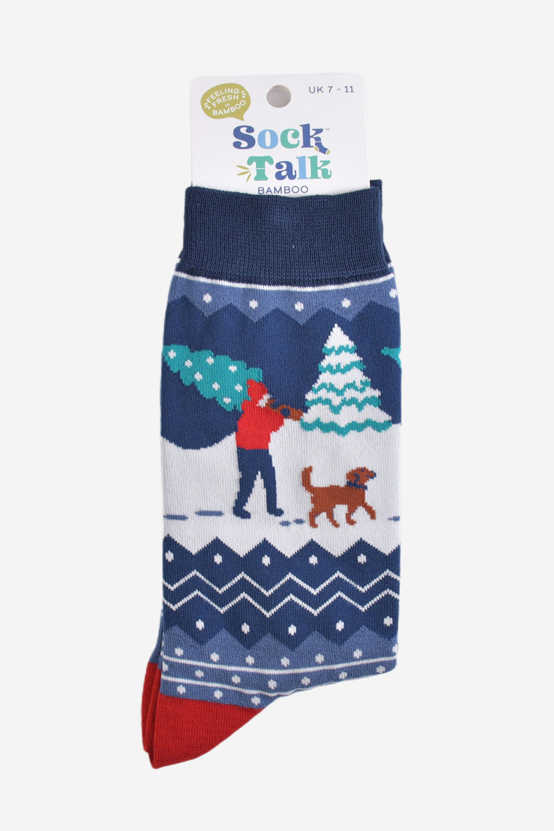 christmas man and dog bamboo socks in their sock talk packaging, these socks are a uk size 7-11