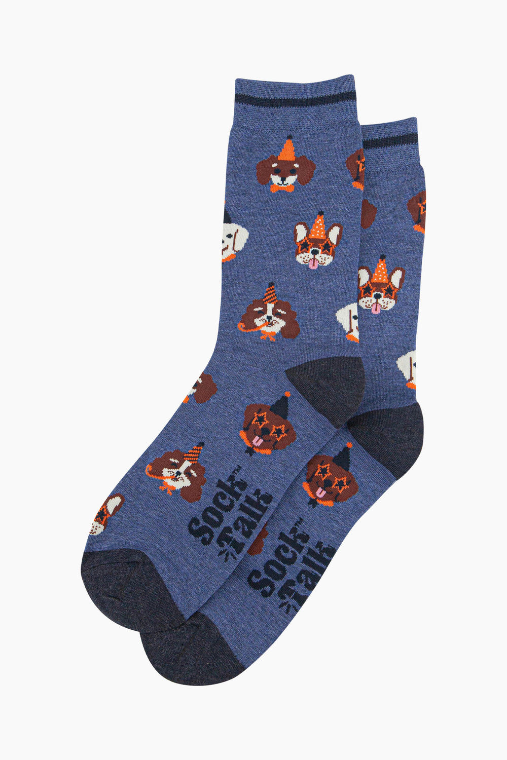 mens-bamboo-socks-denim-blue-party-dogs-funny-cartoon-faces-party-hats