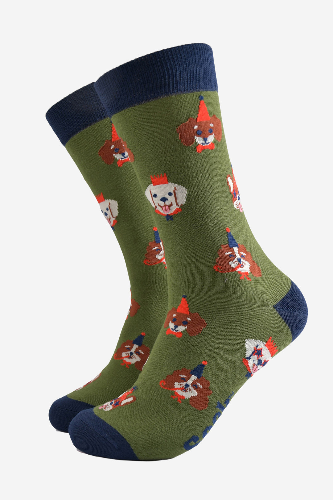 green crew socks with an all over pattern of dogs wearing party hats