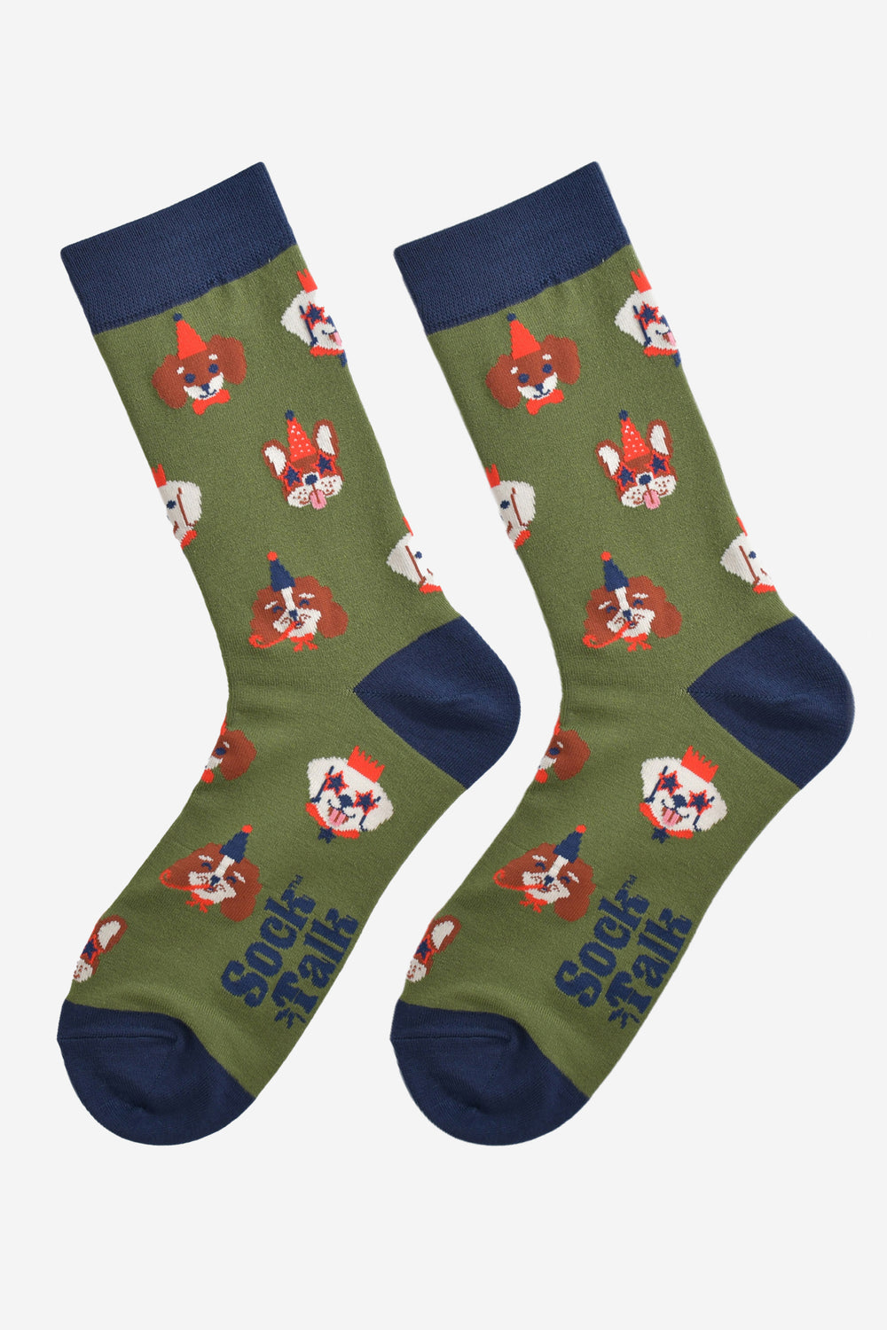 green and navy blue dog socks laying flat, showing the all over pattern of dogs wearing party hats