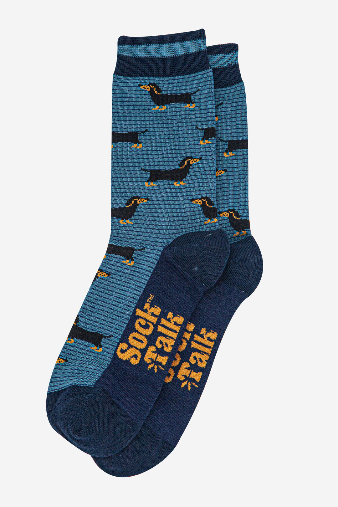 mens-bamboo-socks-denim-blue-navy-blue-sausage-dog-stripes-laying-flat