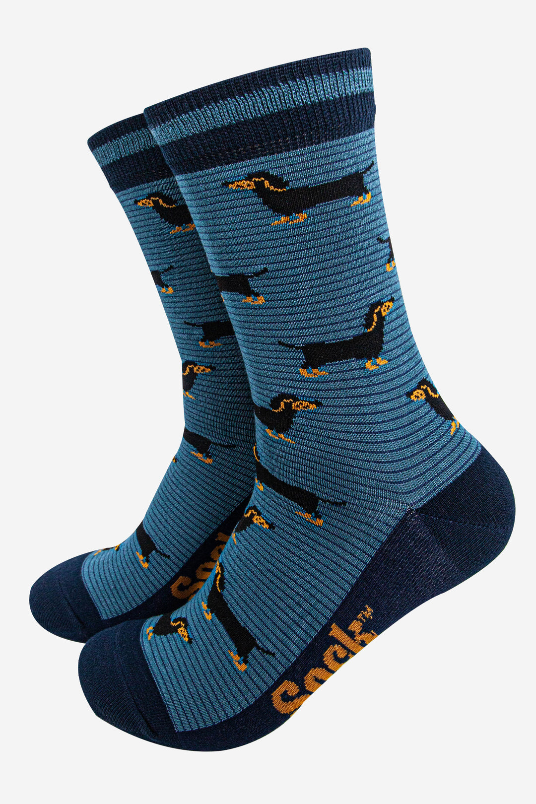 mens-bamboo-socks-denim-blue-navy-blue-sausage-dog-stripes-dachshunds