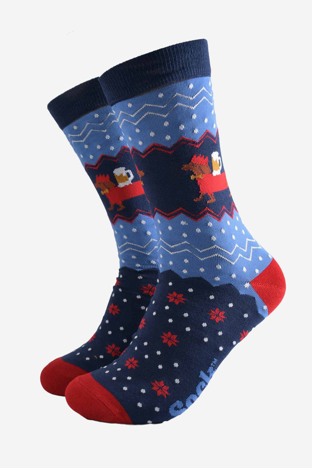 blue and red fair isle style socks with a sausage dog carrying a pint of beer