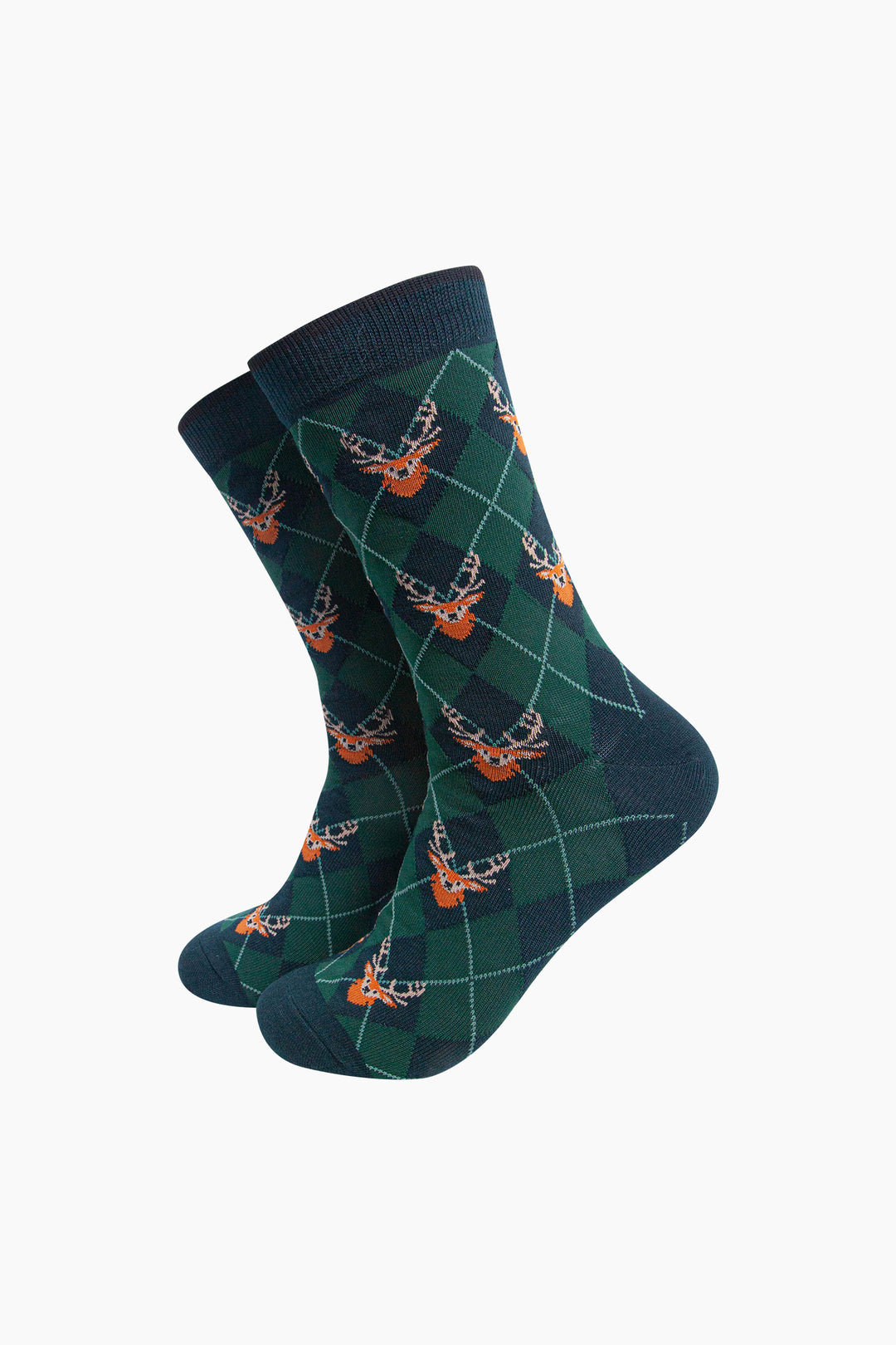 Stag-Argyle-Men's-Bamboo-Socks-in-Forest-Green-On-Mannequin