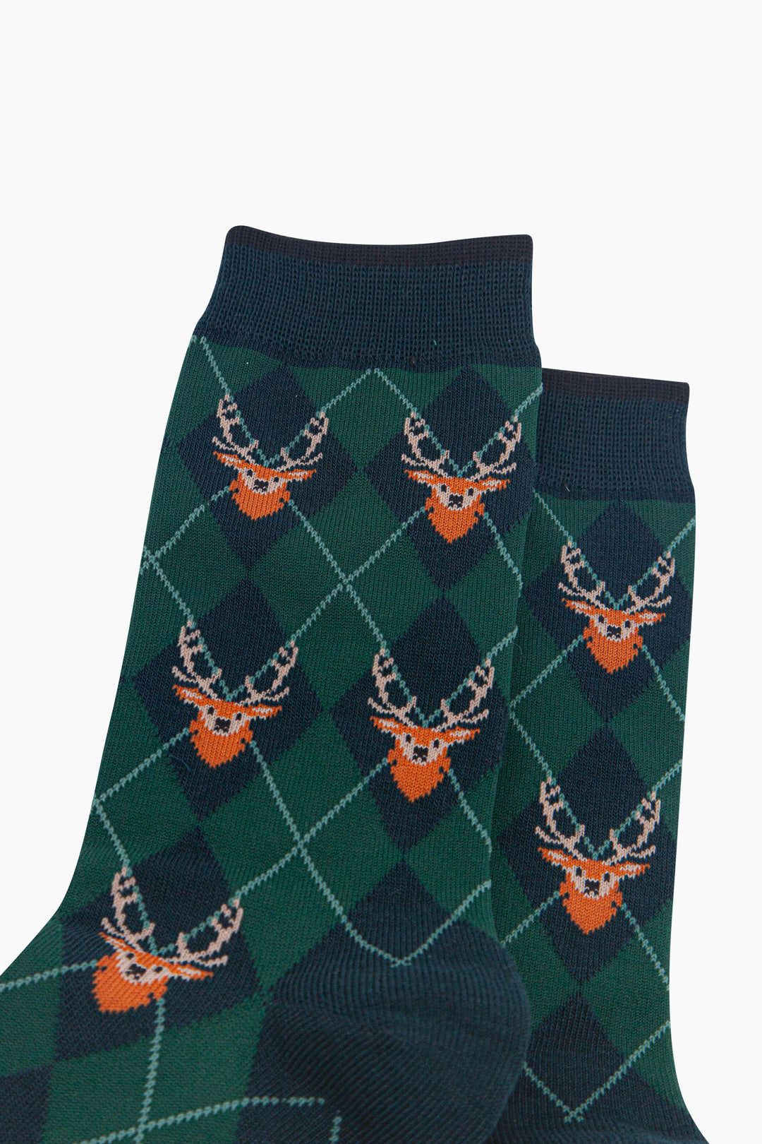 Stag-Argyle-Men's-Bamboo-Socks-in-Forest-Green-Close-Up