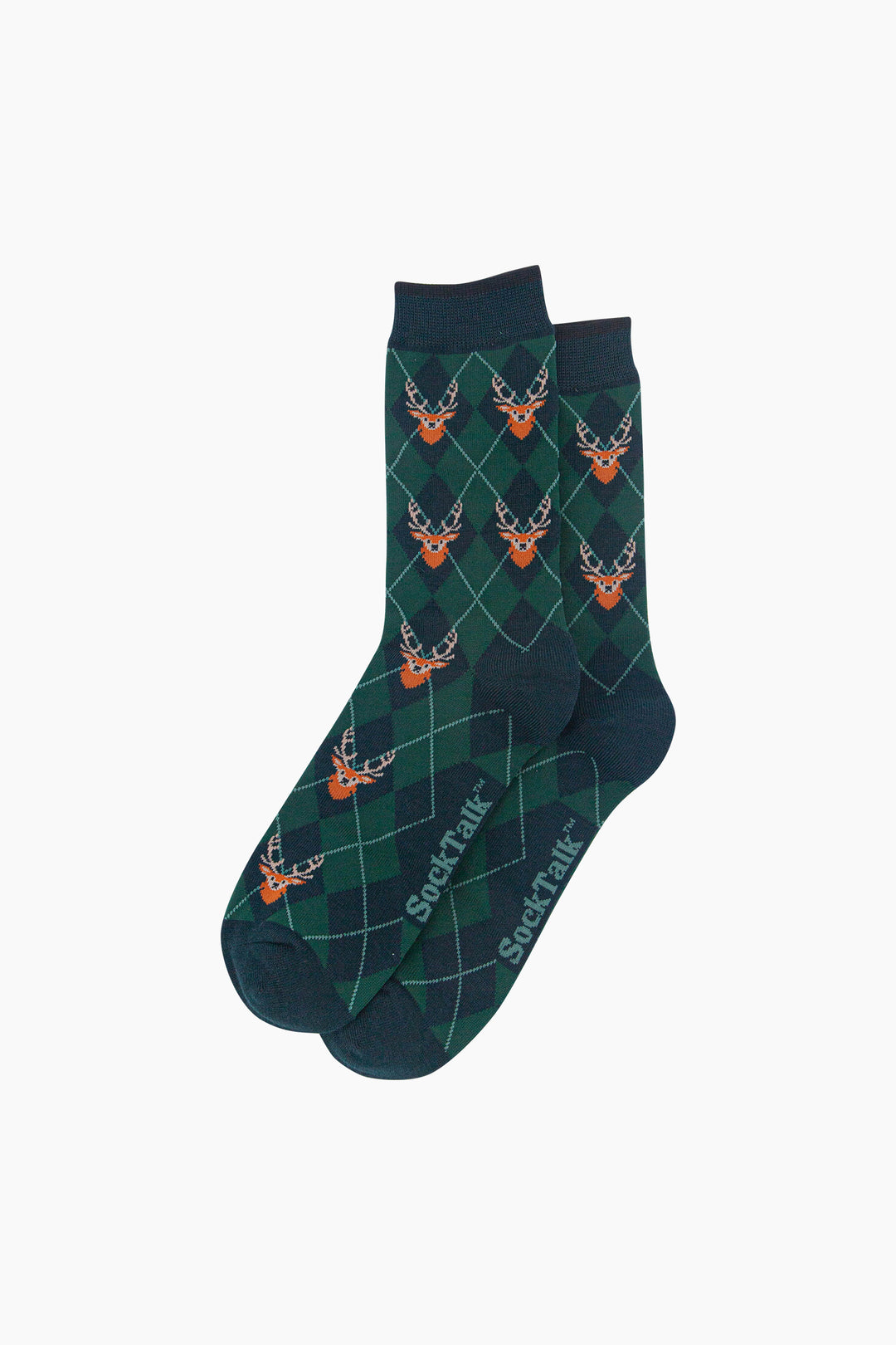 Stag-Argyle-Men's-Bamboo-Socks-in-Forest-Green-Laid-Flat