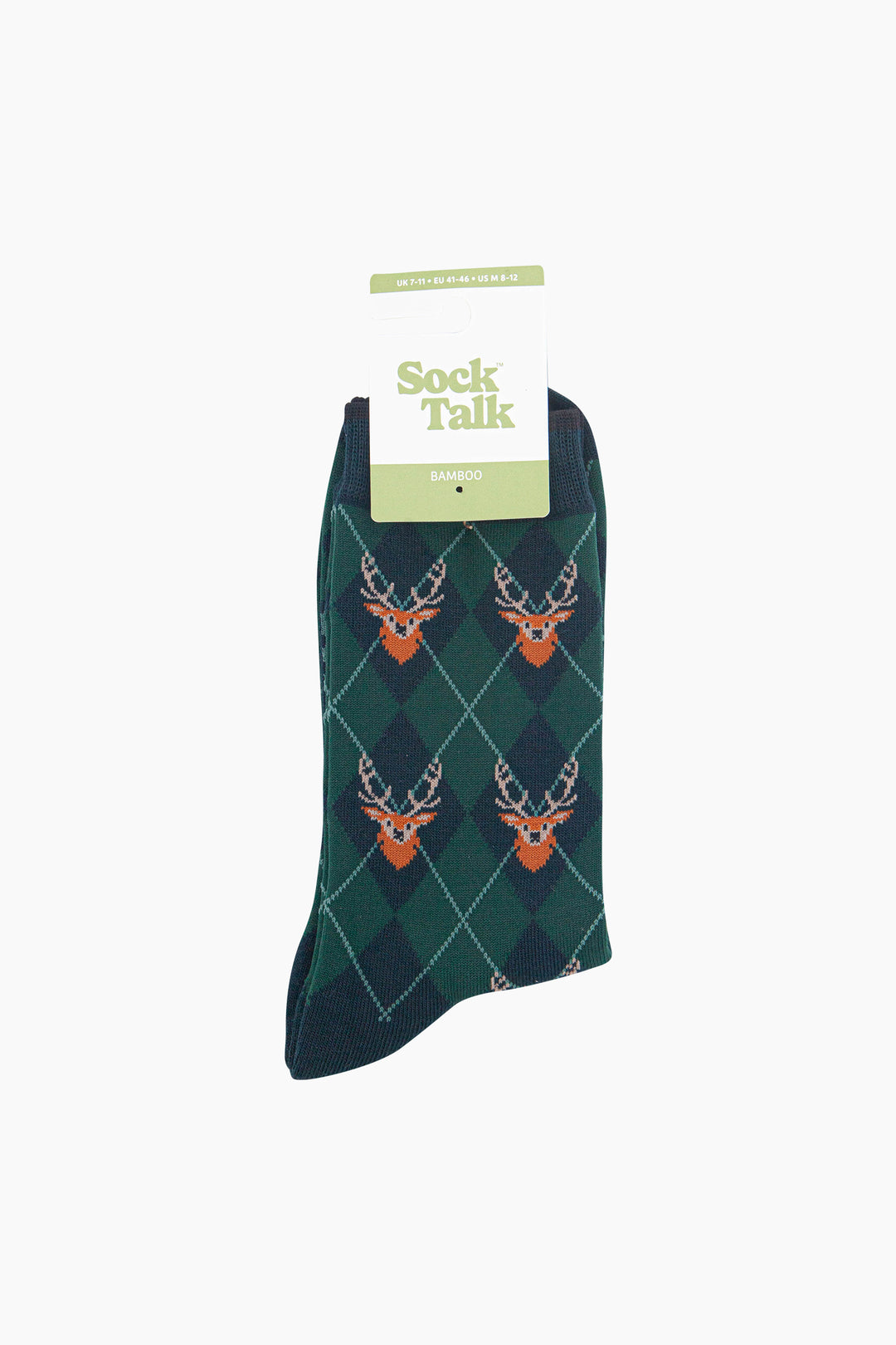 Stag-Argyle-Men's-Bamboo-Socks-in-Forest-Green-In-Packaging