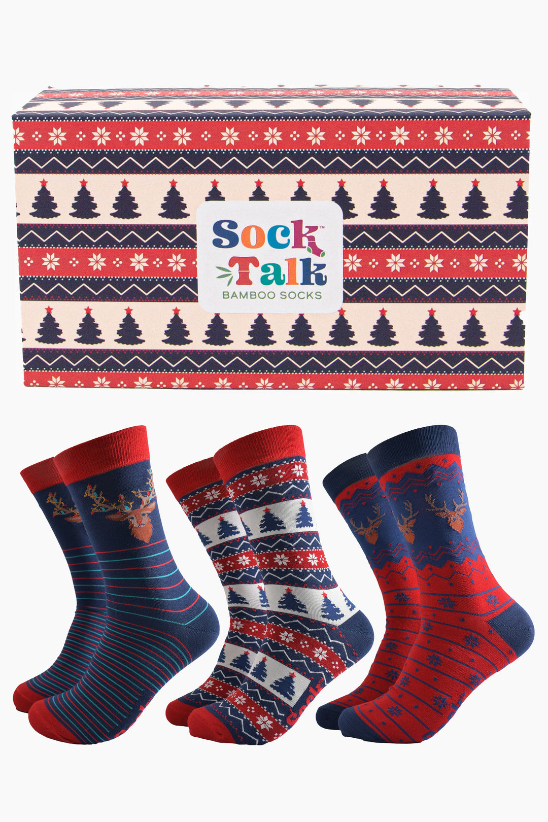 three pairs of navy, red and blue festive stag and xmas tree socks with a fair isle inspired christmas tree gift box